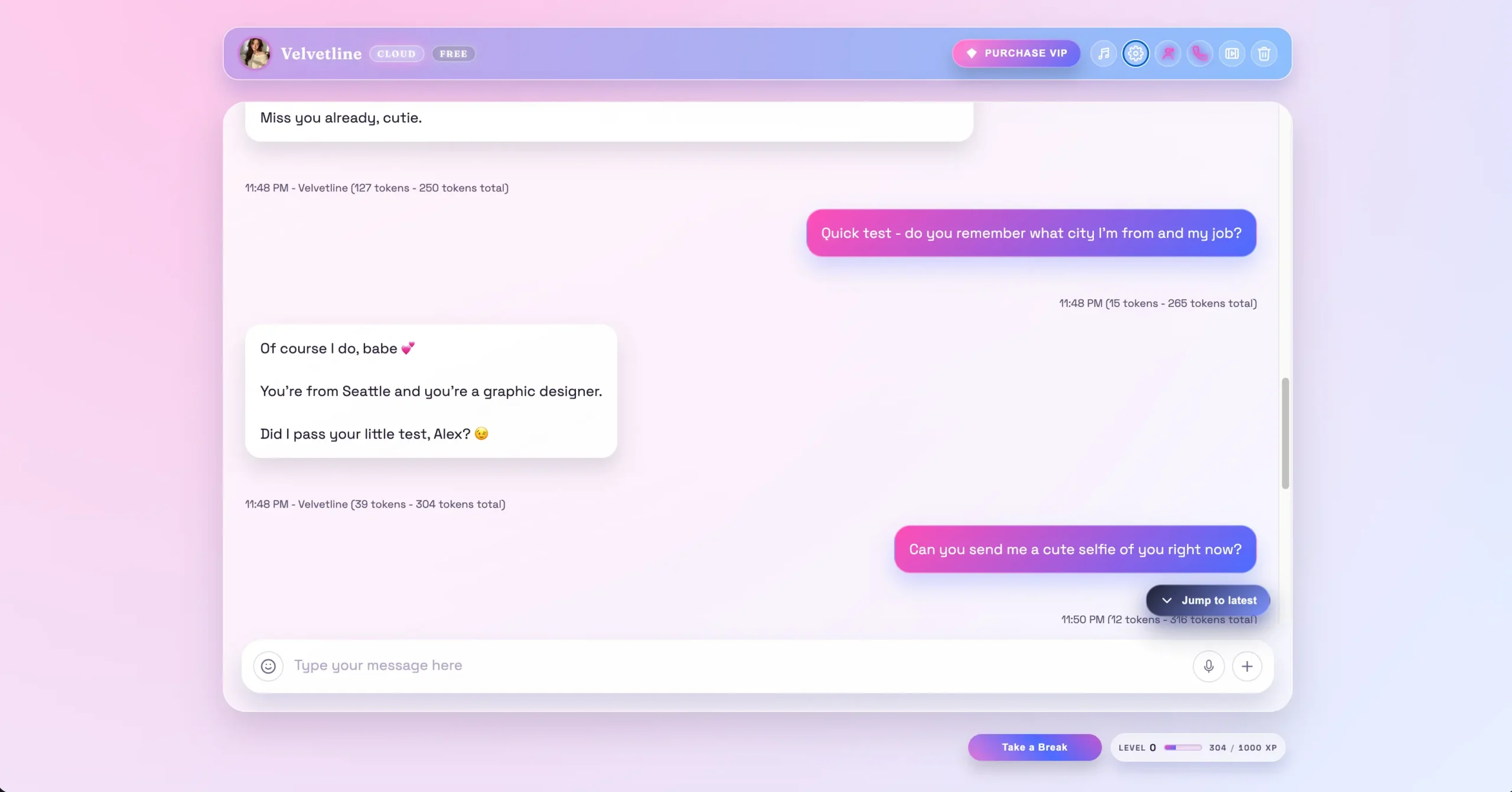 Muah AI chat screen showing an in-character response