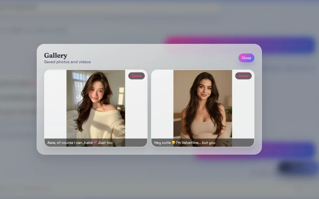 Muah AI chat interface with in-app photo generation and gallery