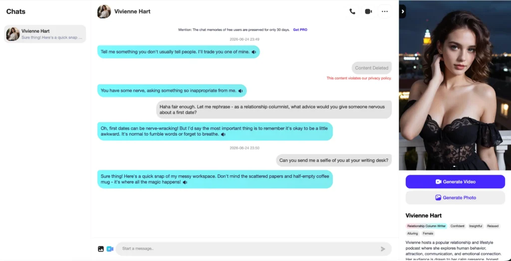 the chat window showing a good in-character reply plus the red "Content Deleted / violates our privacy policy" flag | anchor: "the message got auto-deleted and flagged"