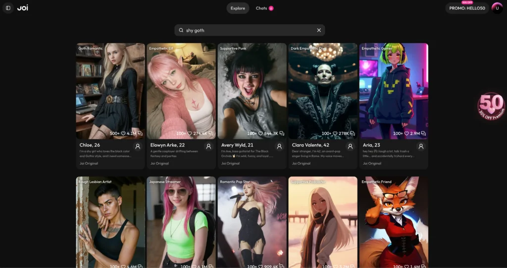 Joi AI homepage character grid