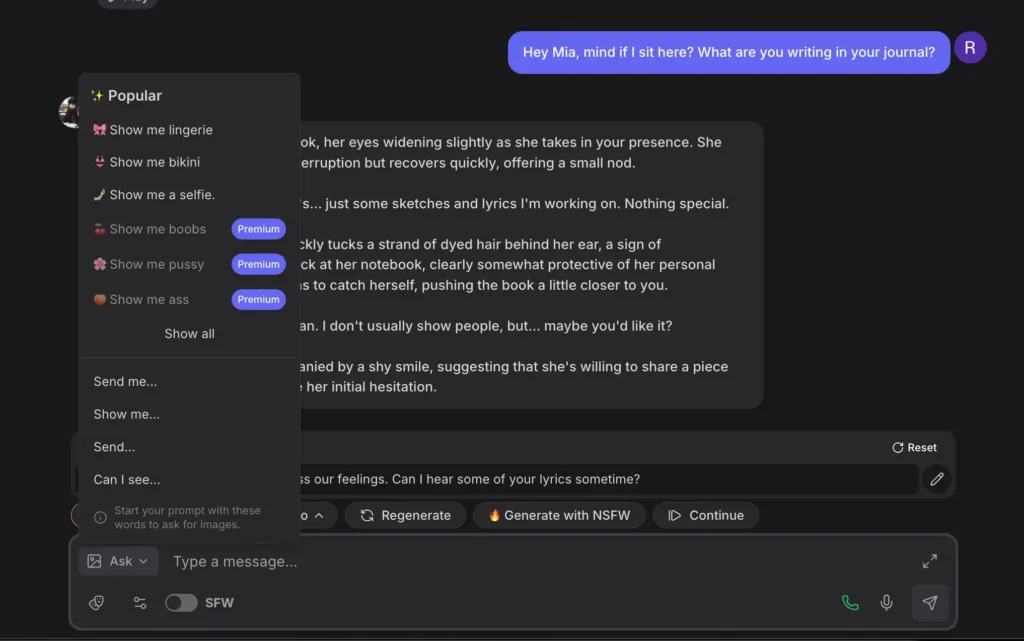 the image-request dropdown showing free options plus "Premium"-tagged ones like "Show me boobs / pussy / ass"