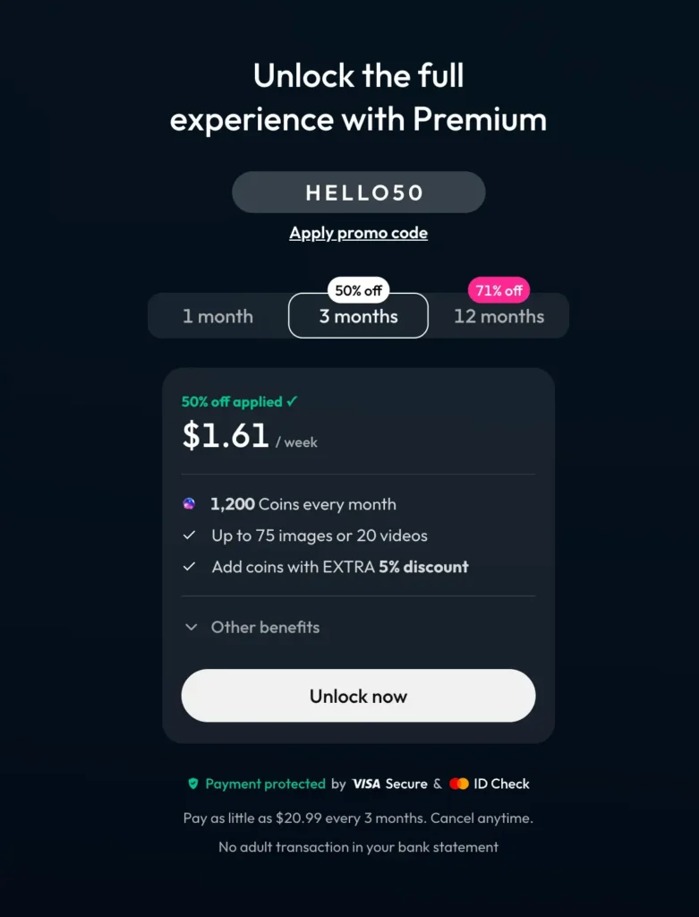 Premium pricing page with plan tabs