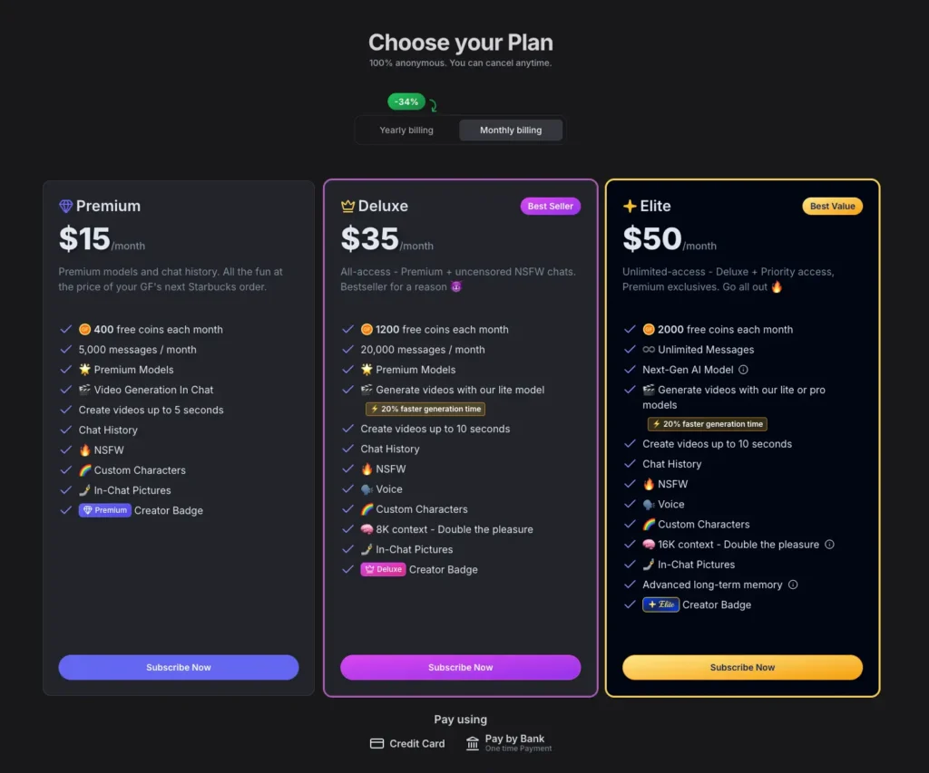 the three pricing cards (Premium / Deluxe "Best Seller" / Elite "Best Value") with the yearly/monthly billing toggle