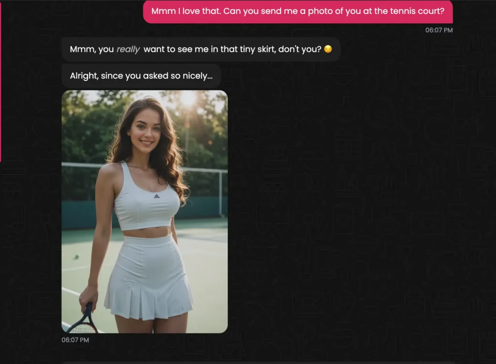 the generated tennis-court photo of Zoey in the white skirt outfit