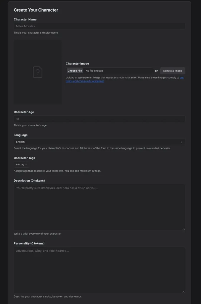 Create Your Character" form showing Name, Character Image (Choose File / Generate Image), and Age fields