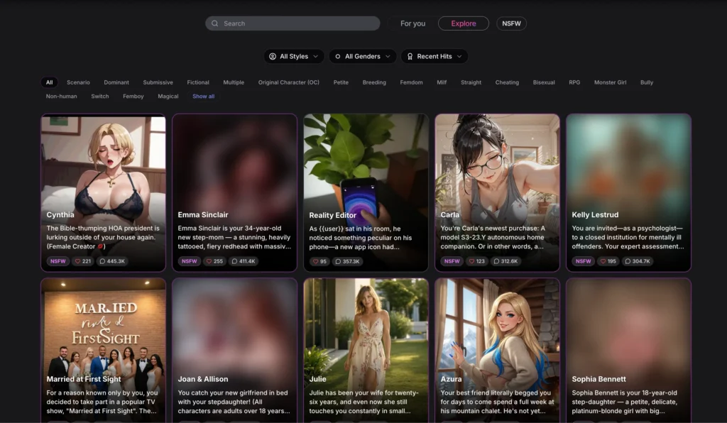 homepage character grid with category filter bar ("All Styles / All Genders / Trending Now")]