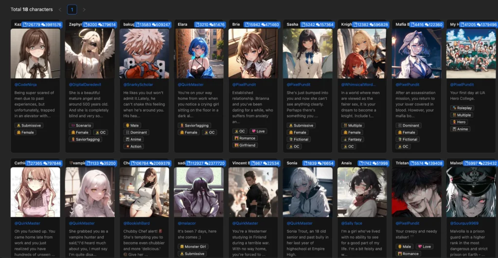 PepHop AI character library browsable with no account required