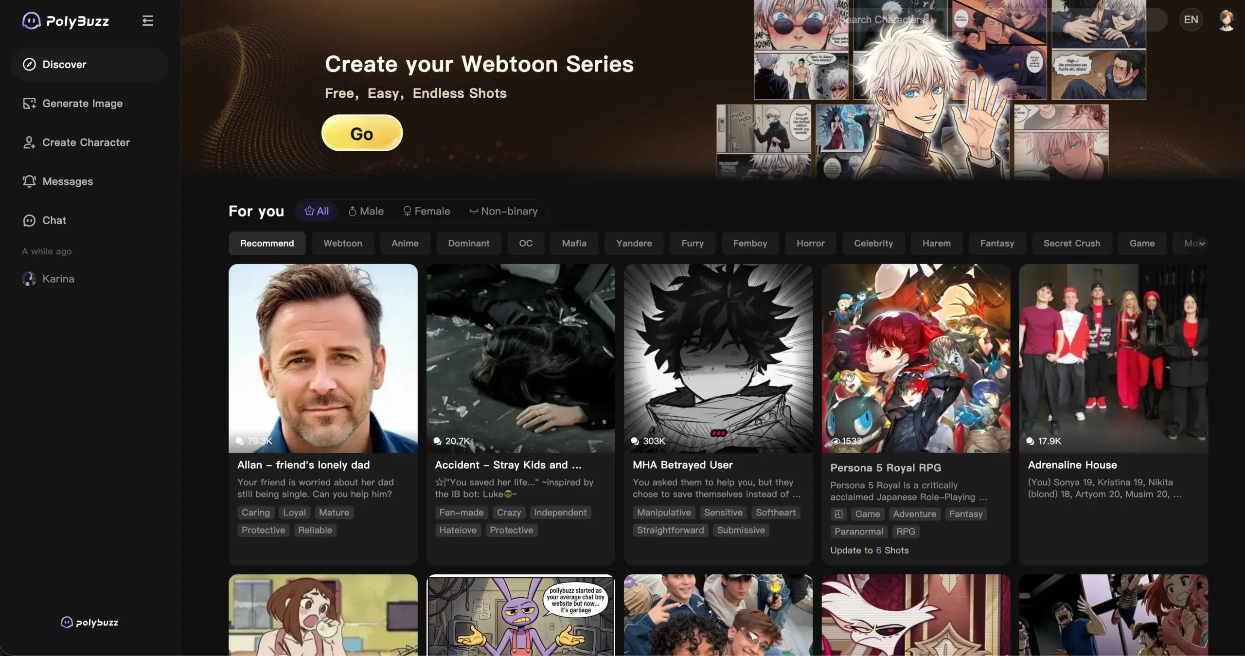PolyBuzz homepage showing the character discovery grid