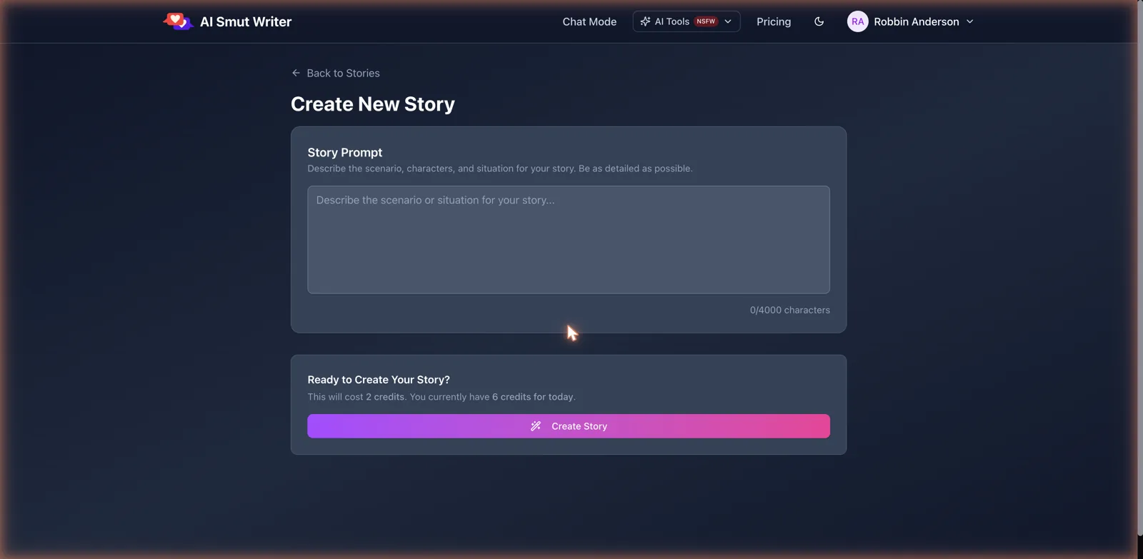 AI Smut Writer create new story screen with a large prompt box and a two-credit cost notice