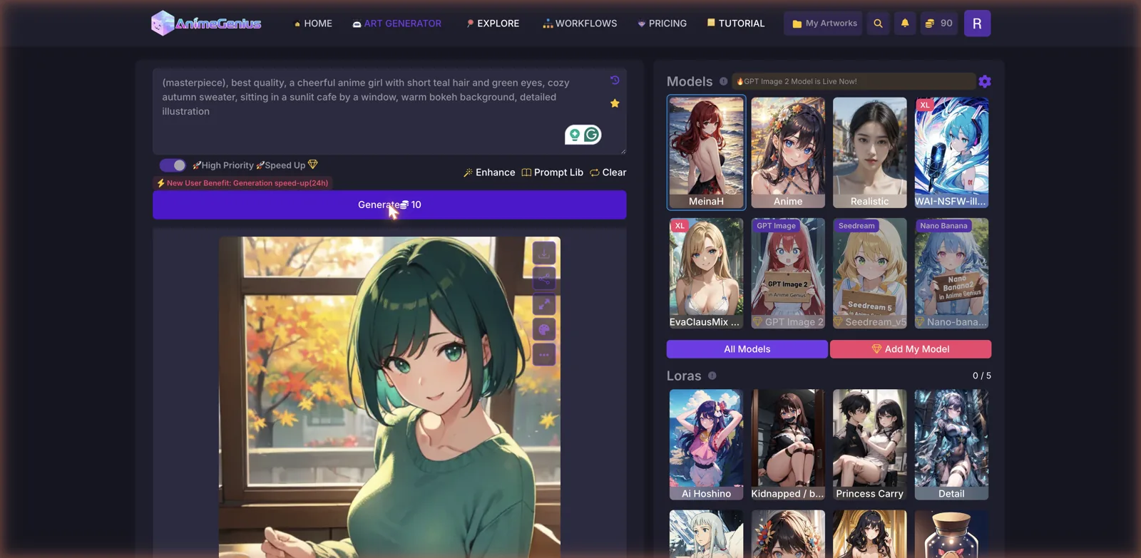 AnimeGenius generated anime image of a girl with teal hair in a sweater sitting by an autumn window