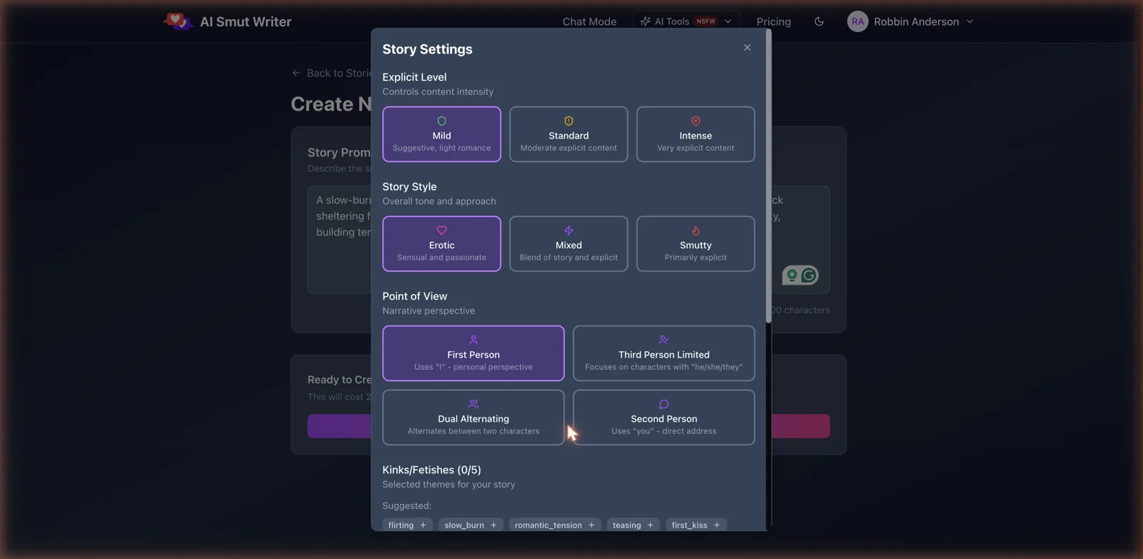 AI Smut Writer story settings panel with explicit level, story style, point of view, and kink tags