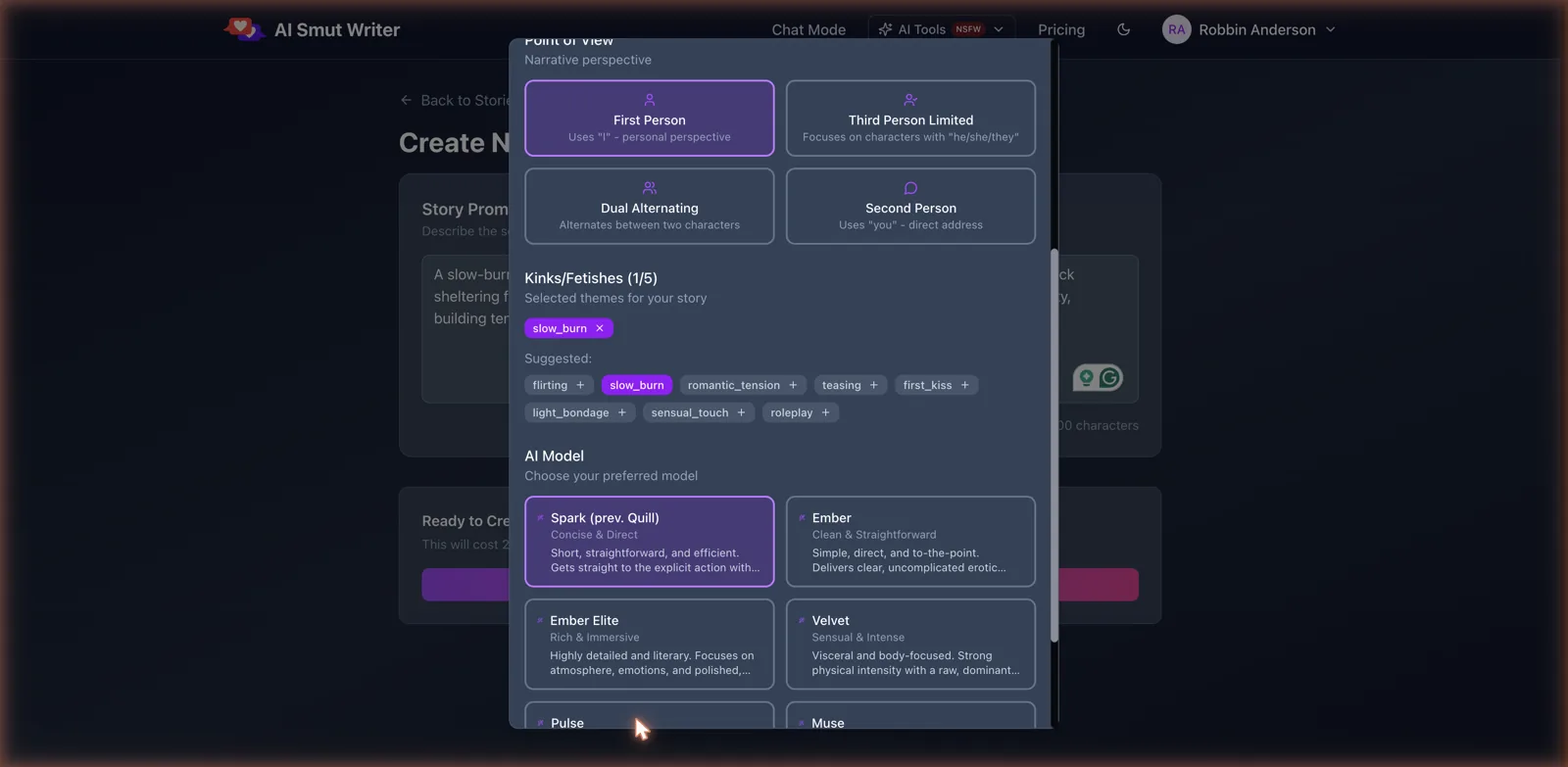 AI Smut Writer AI model picker showing Spark, Ember, Ember Elite, Velvet, Pulse, and Muse