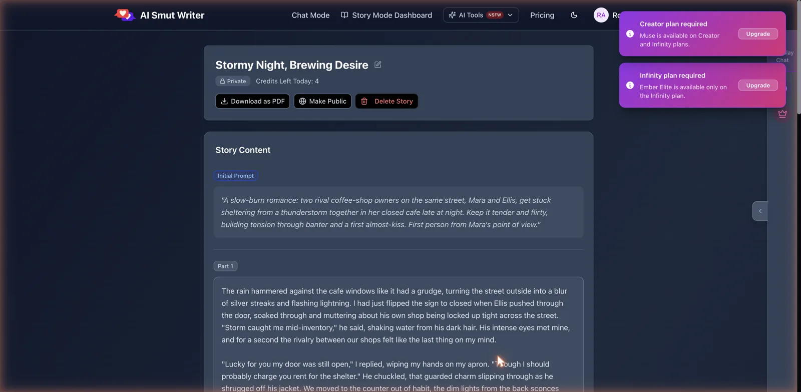 AI Smut Writer finished story view showing the prompt and the generated opening scene