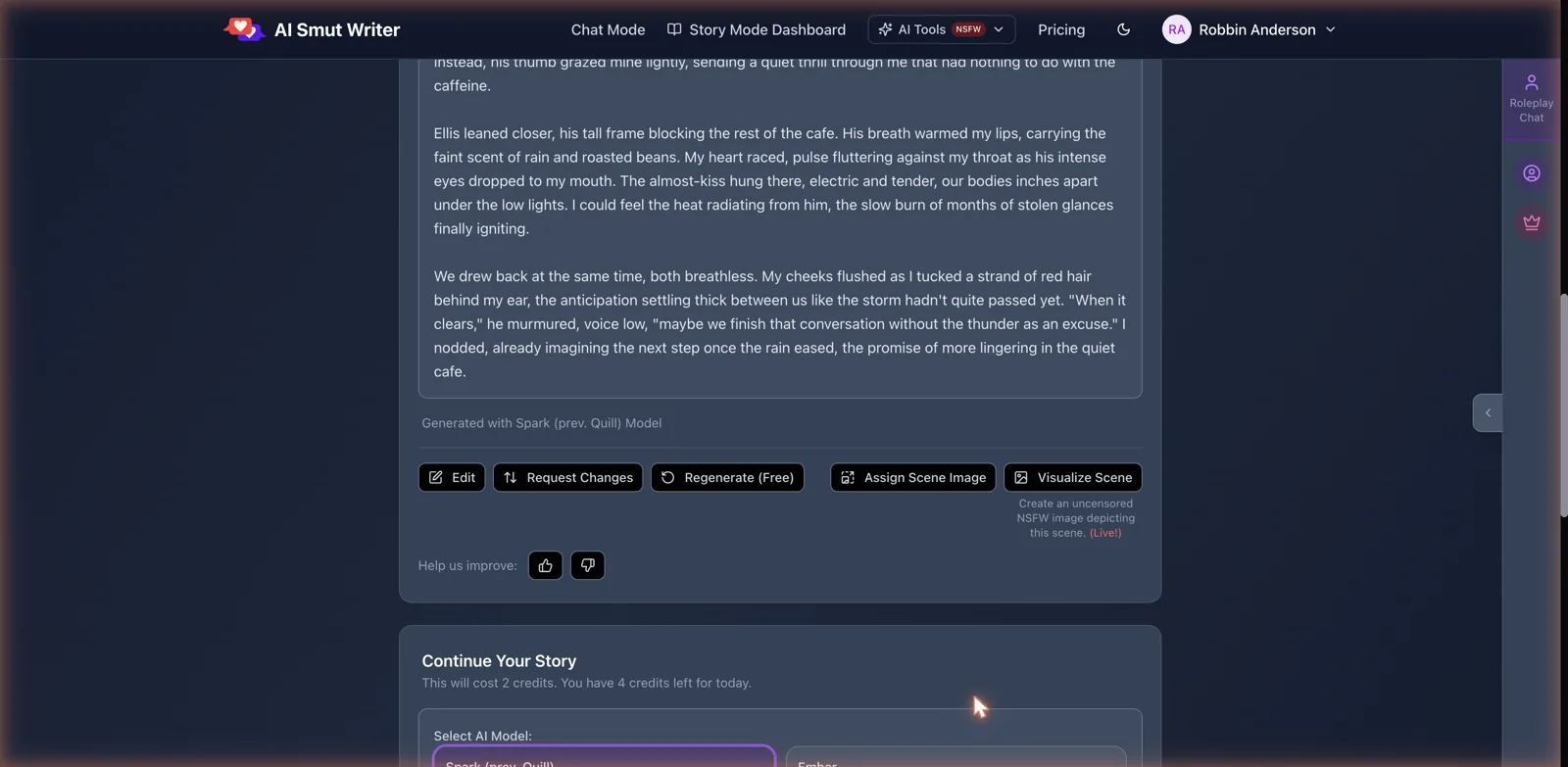AI Smut Writer per-part tools including Edit, Request Changes, Regenerate, and Visualize Scene