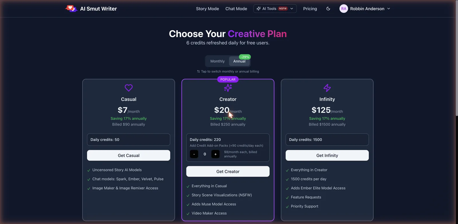 AI Smut Writer pricing page with Casual, Creator, and Infinity plans and daily credit counts