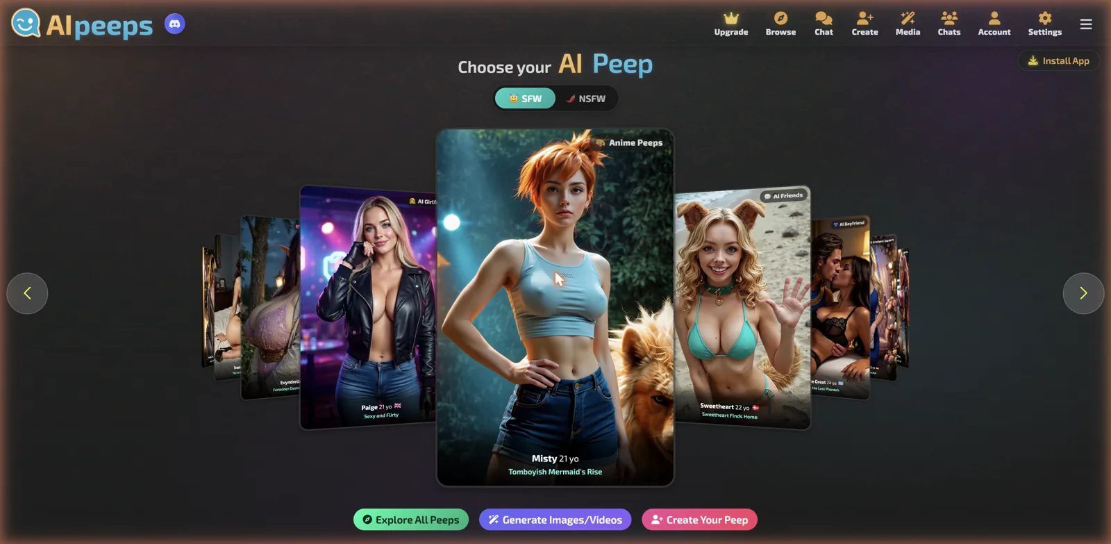 AI Peeps home page with SFW and NSFW toggle and AI girlfriend, boyfriend, friends and anime characters