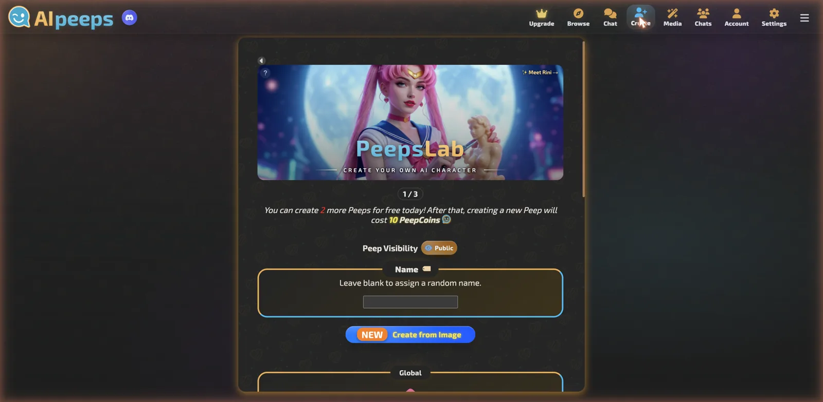 AI Peeps PeepsLab character creator with name, visibility and create-from-image options