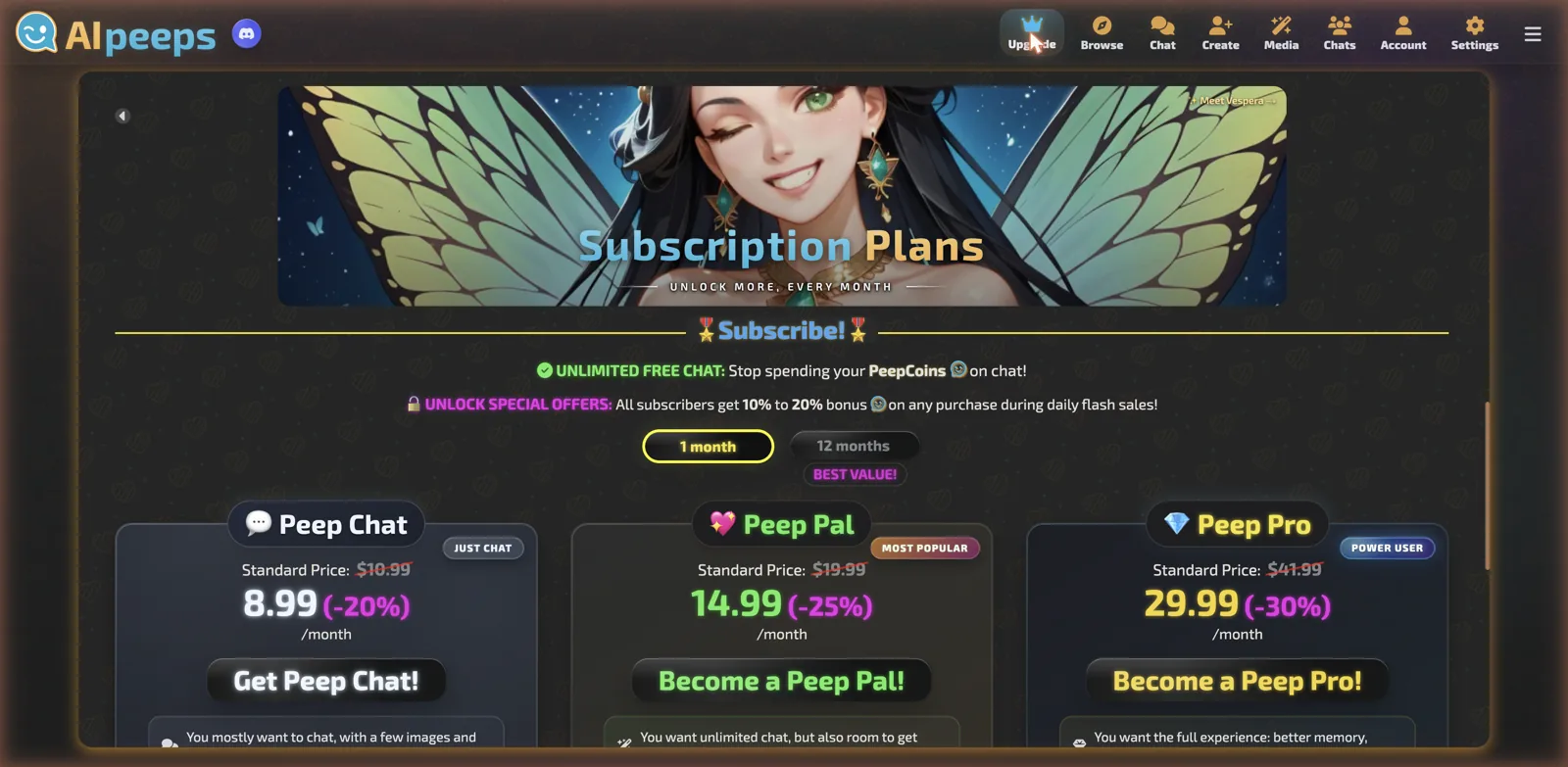 AI Peeps subscription plans Peep Chat, Peep Pal and Peep Pro from $8.99 to $29.99 per month