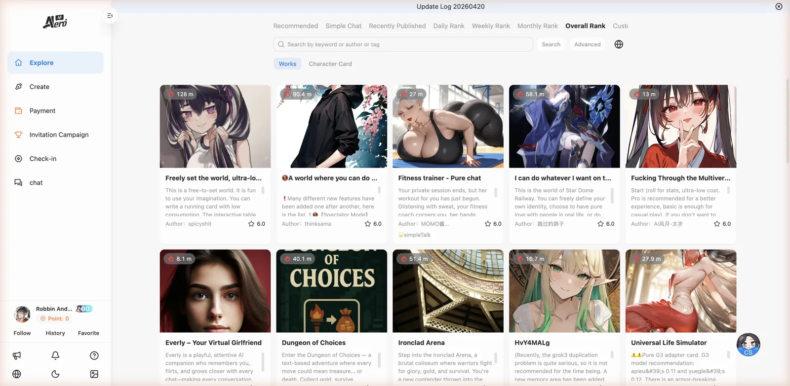 AIERO Explore page with community roleplay works ranked by heat