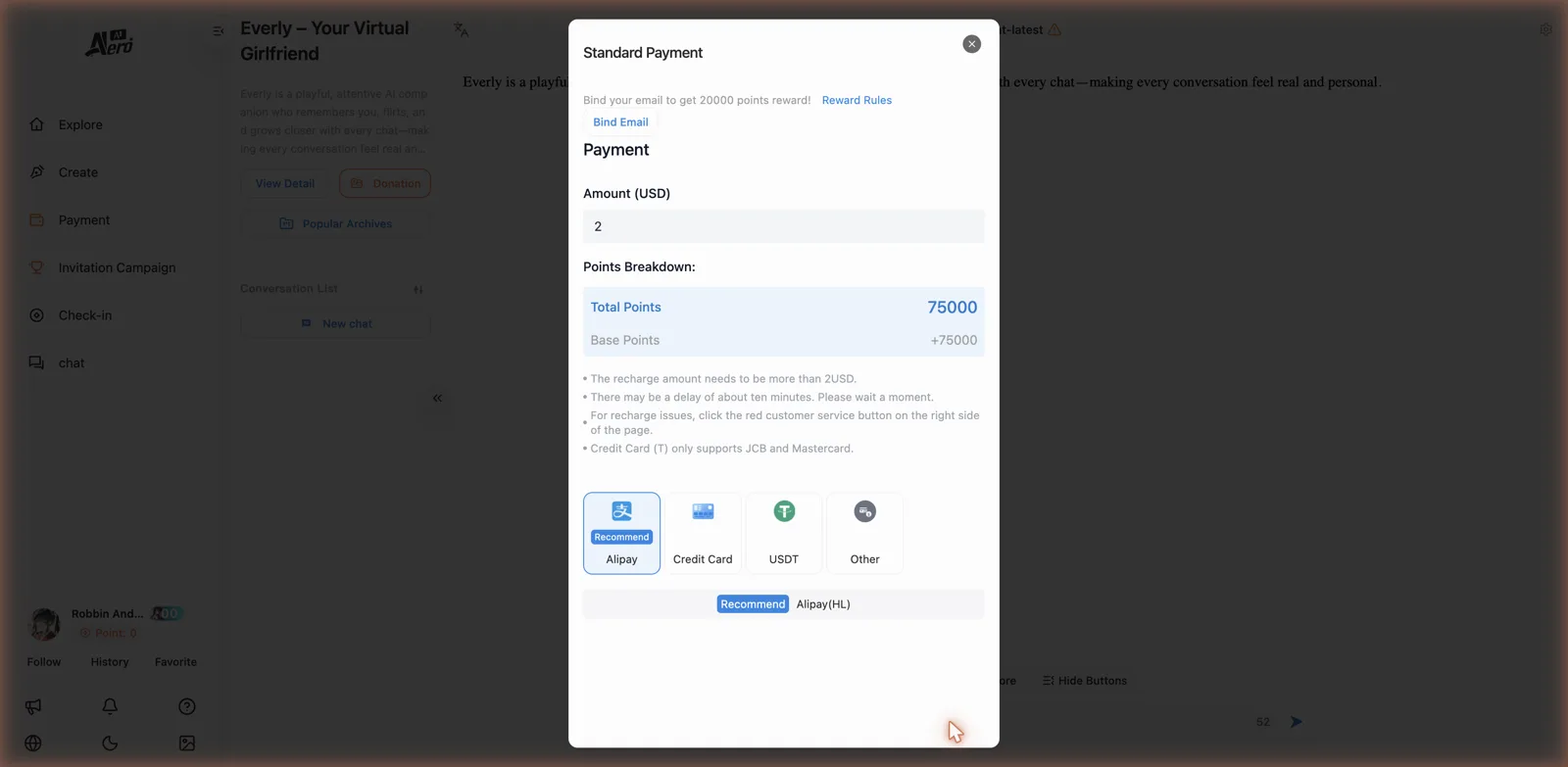 AIERO points payment sheet showing 2 USD for 75000 points