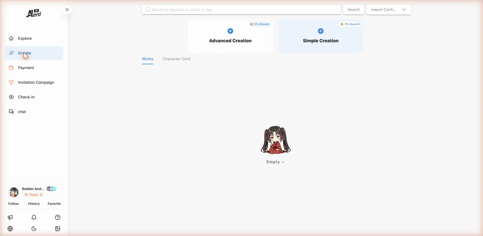 AIERO creation studio with Advanced and Simple Creation options and reward percentages