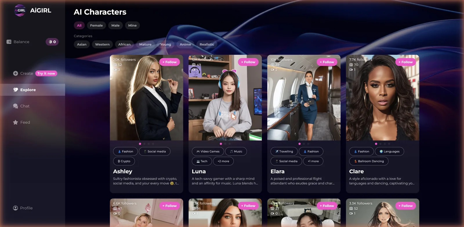AiGirl character grid with photoreal AI companions, follower counts, interests and category filters
