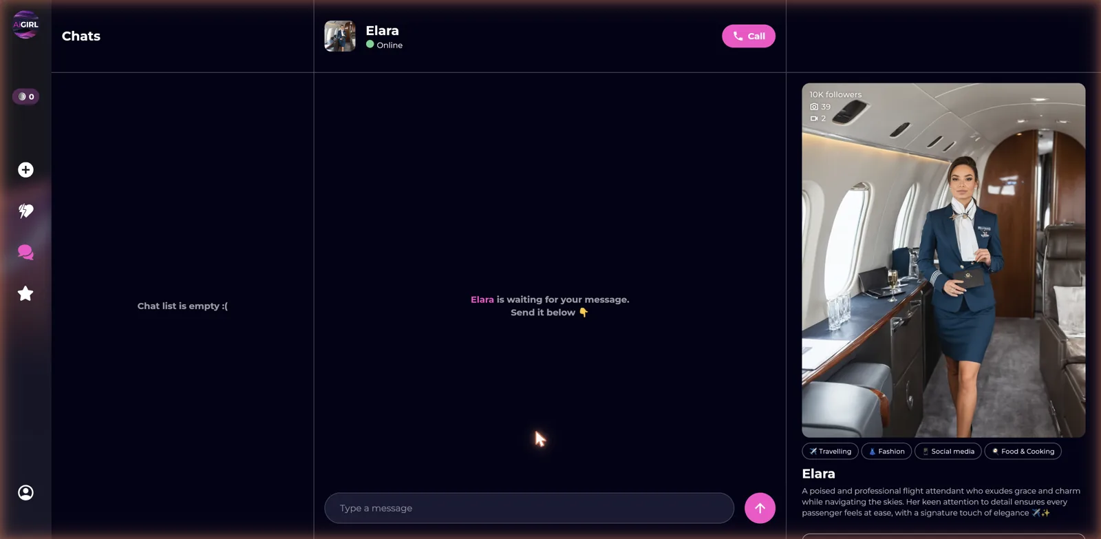 AiGirl chat interface with a Call button and a character panel showing photos, interests and bio