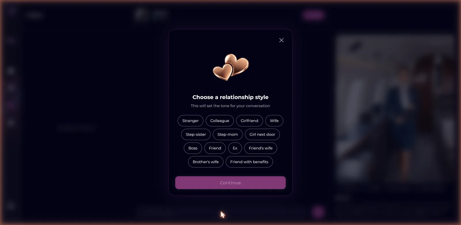 AiGirl relationship style selector with options from Stranger and Colleague to Girlfriend and Wife