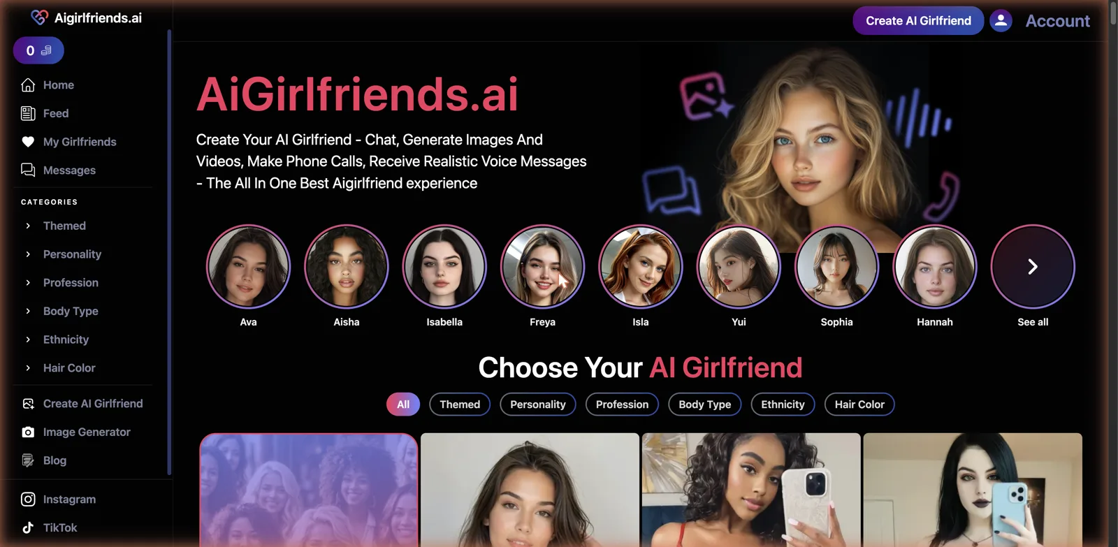 AiGirlfriends.ai home page roster with category filters
