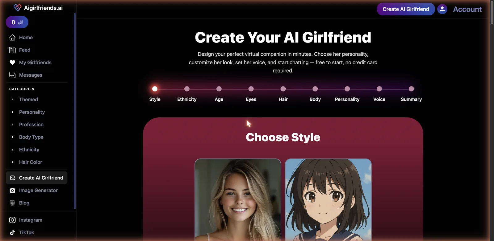 AiGirlfriends.ai nine-step character builder with a Voice step