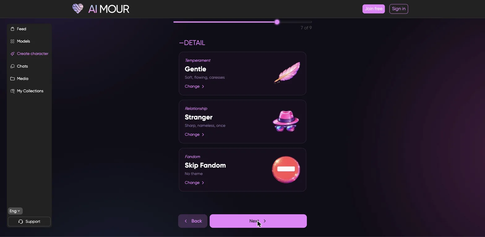 AIMOUR character builder voice selection step