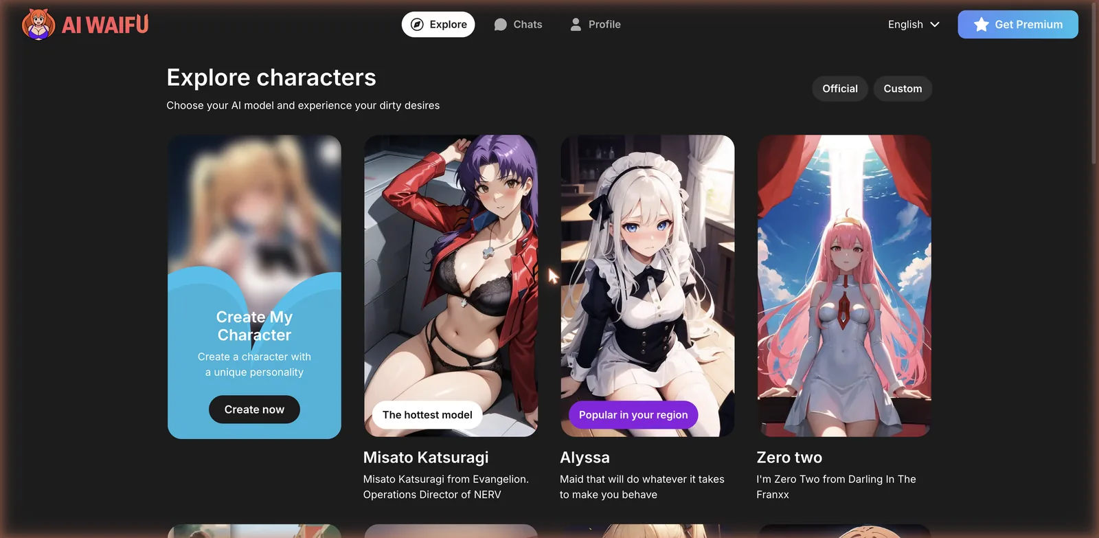 AiWaifu explore characters page
