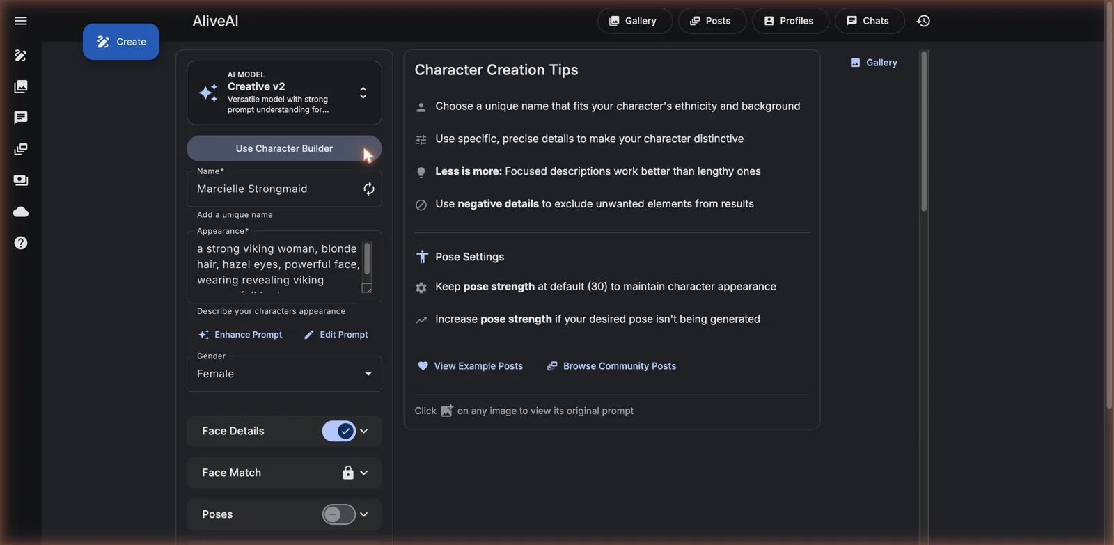 AliveAI's Create page, with the guided Character Builder and adjustable pose strength.