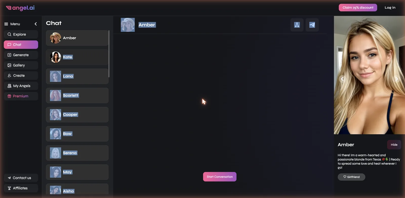 Angel.ai chat roster of AI girlfriend characters