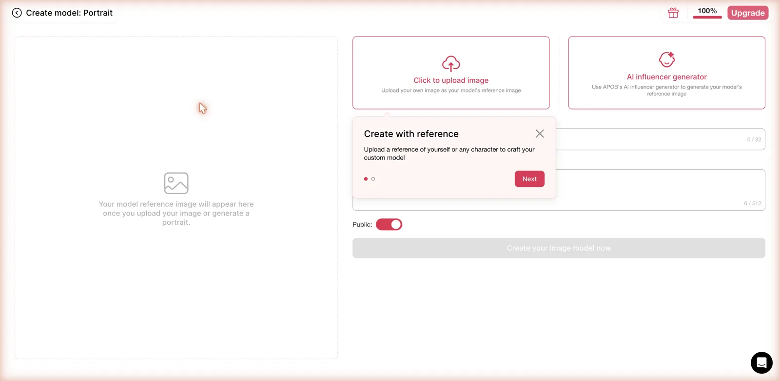 APOB AI home dashboard with community AI influencer portrait models
