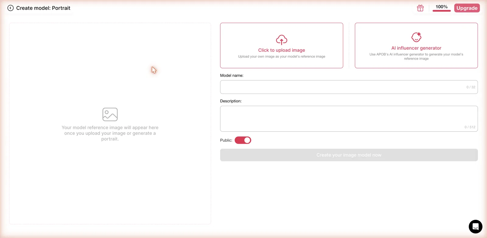 APOB AI create portrait model screen with upload image and AI influencer generator options