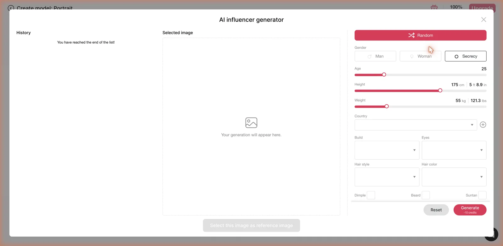 APOB AI influencer generator with sliders for gender, age, height, weight, build, eyes, and hair