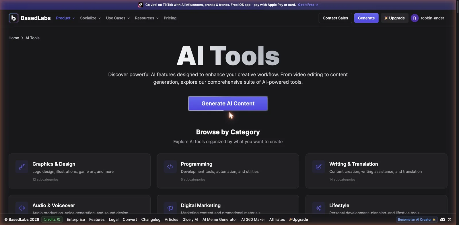 BasedLabs AI Tools page with categories for design, programming, writing, audio and marketing