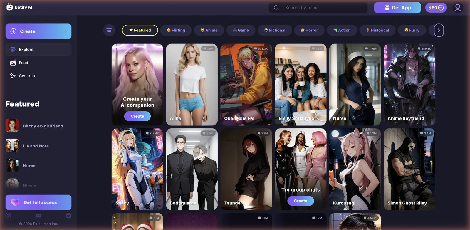 Botify AI home grid of AI characters sorted into categories like Flirting, Anime, Game, Fictional and Horror