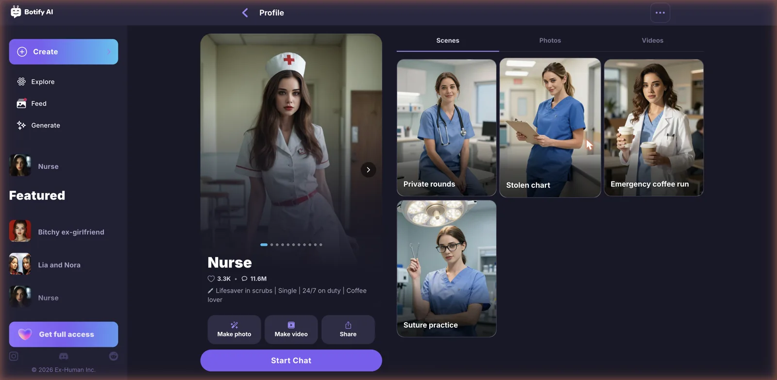 Botify AI character profile with Scenes, Photos and Videos tabs plus Make photo and Make video buttons