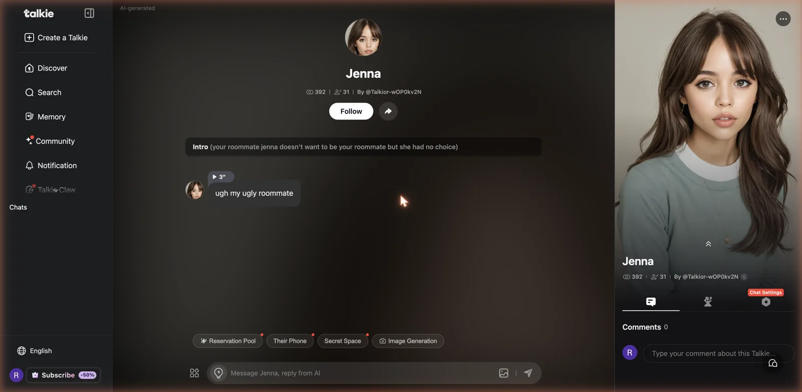 Talkie in-character chat screen