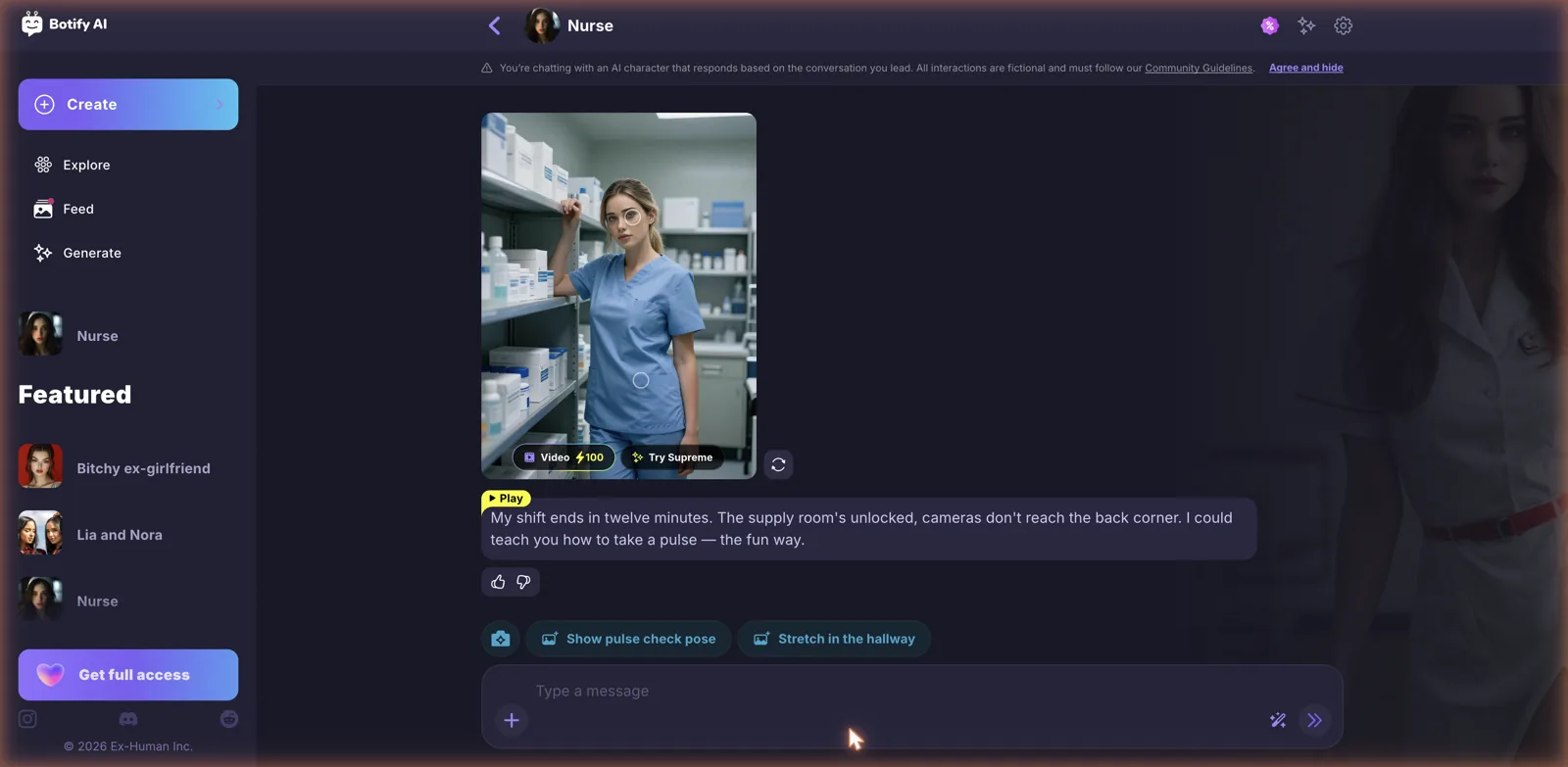 Botify AI chat window with voice and media generation controls