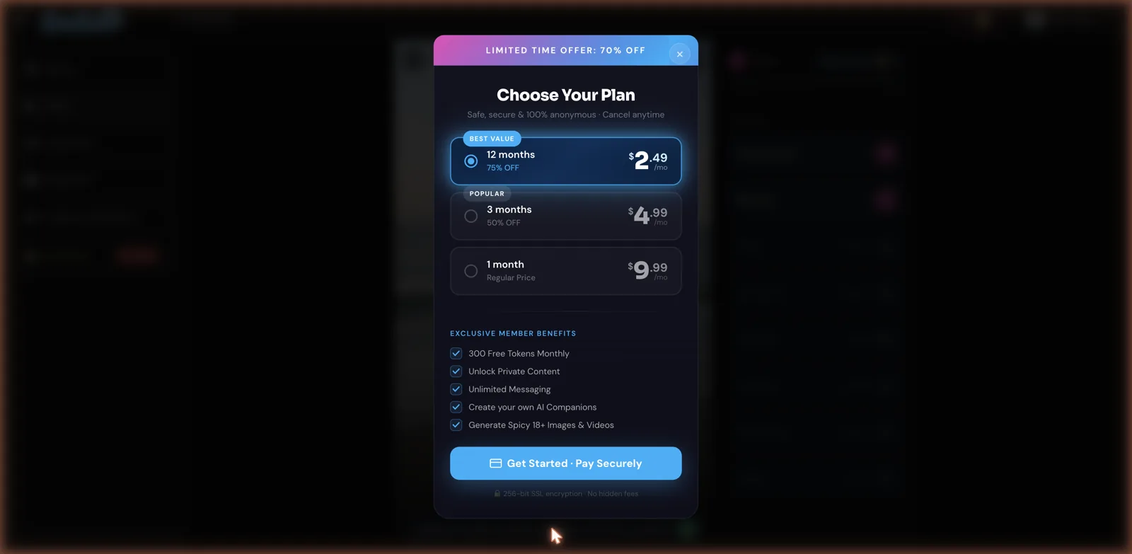 CamSoda AI Choose Your Plan premium pricing from $2.49 to $9.99 per month with member benefits