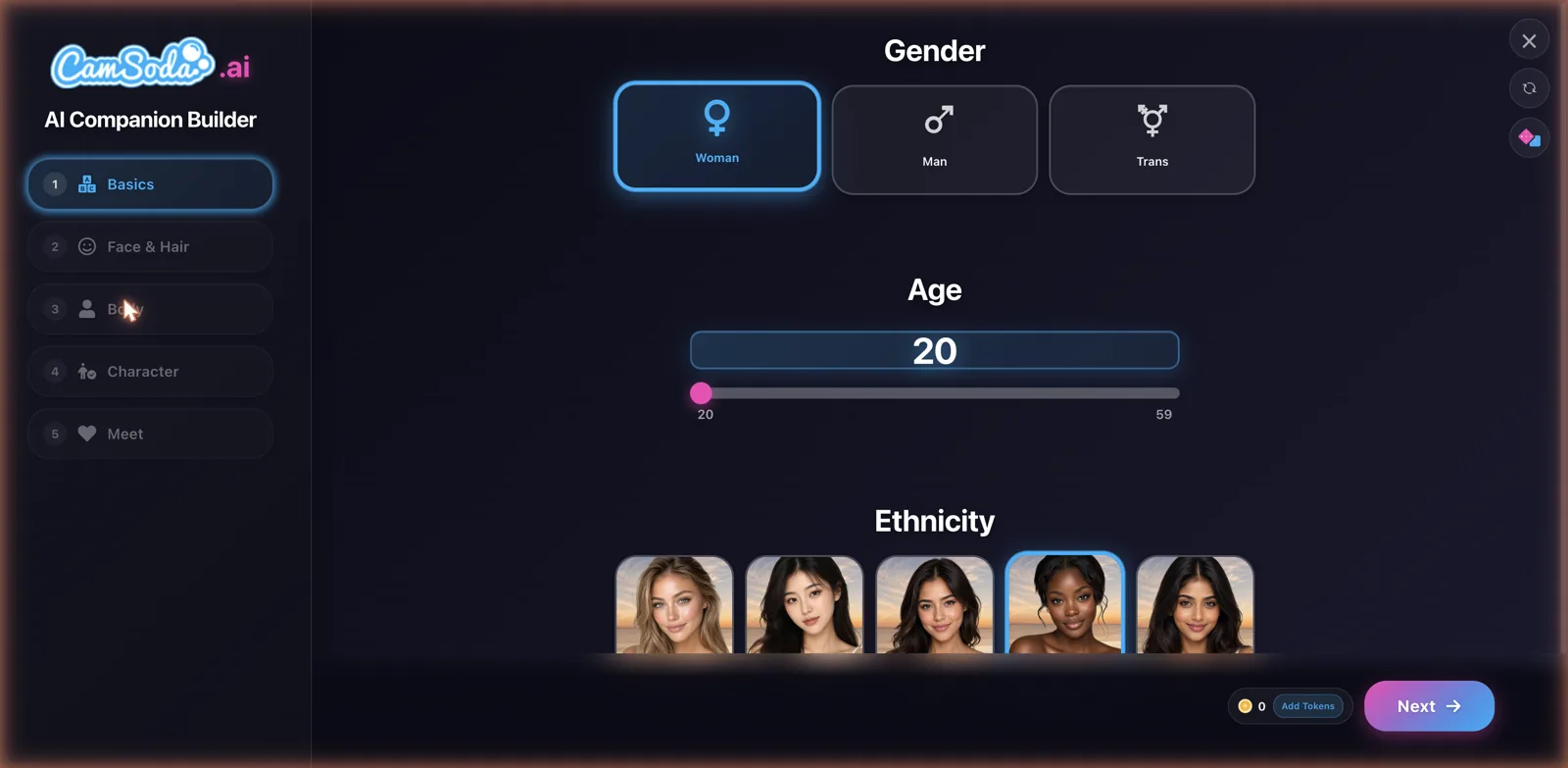 CamSoda AI Companion Builder with gender, age slider and ethnicity selection
