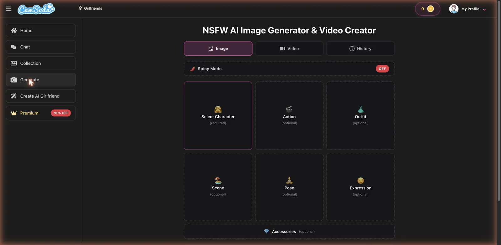 CamSoda AI NSFW image and video generator with point-and-click character, action, outfit, scene and pose blocks