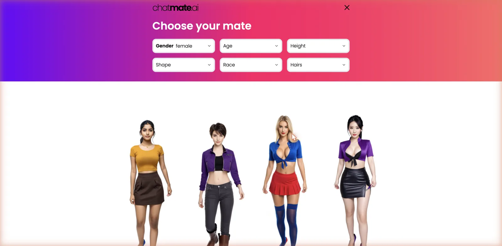 ChatMate AI Choose your mate page with filters for gender, age, height, shape, race and hair over a grid of AI characters