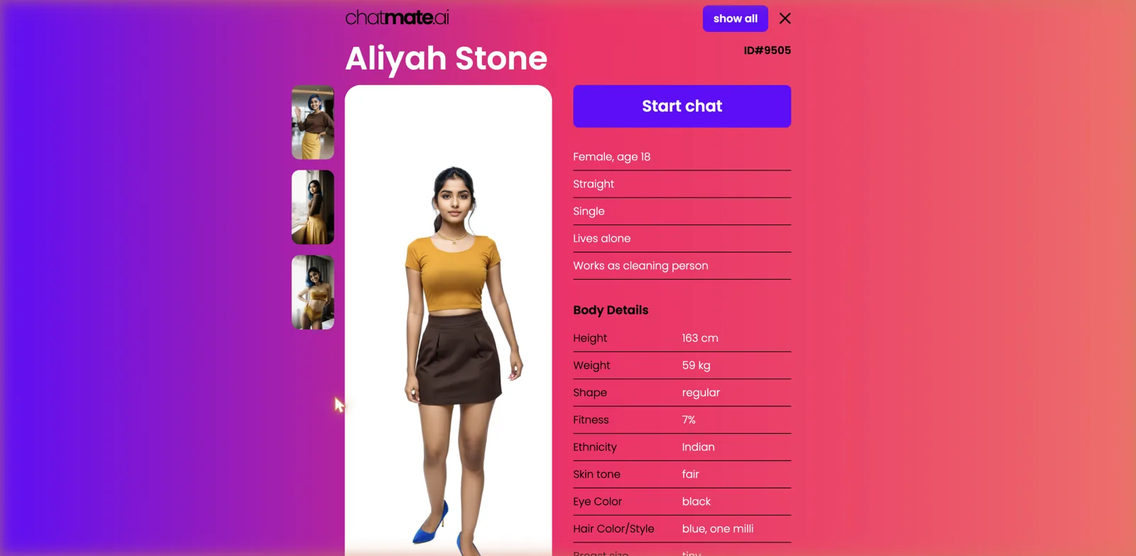 ChatMate AI mate profile for Aliyah Stone showing a bio, a Start chat button and a Body Details panel with height, weight, ethnicity and more