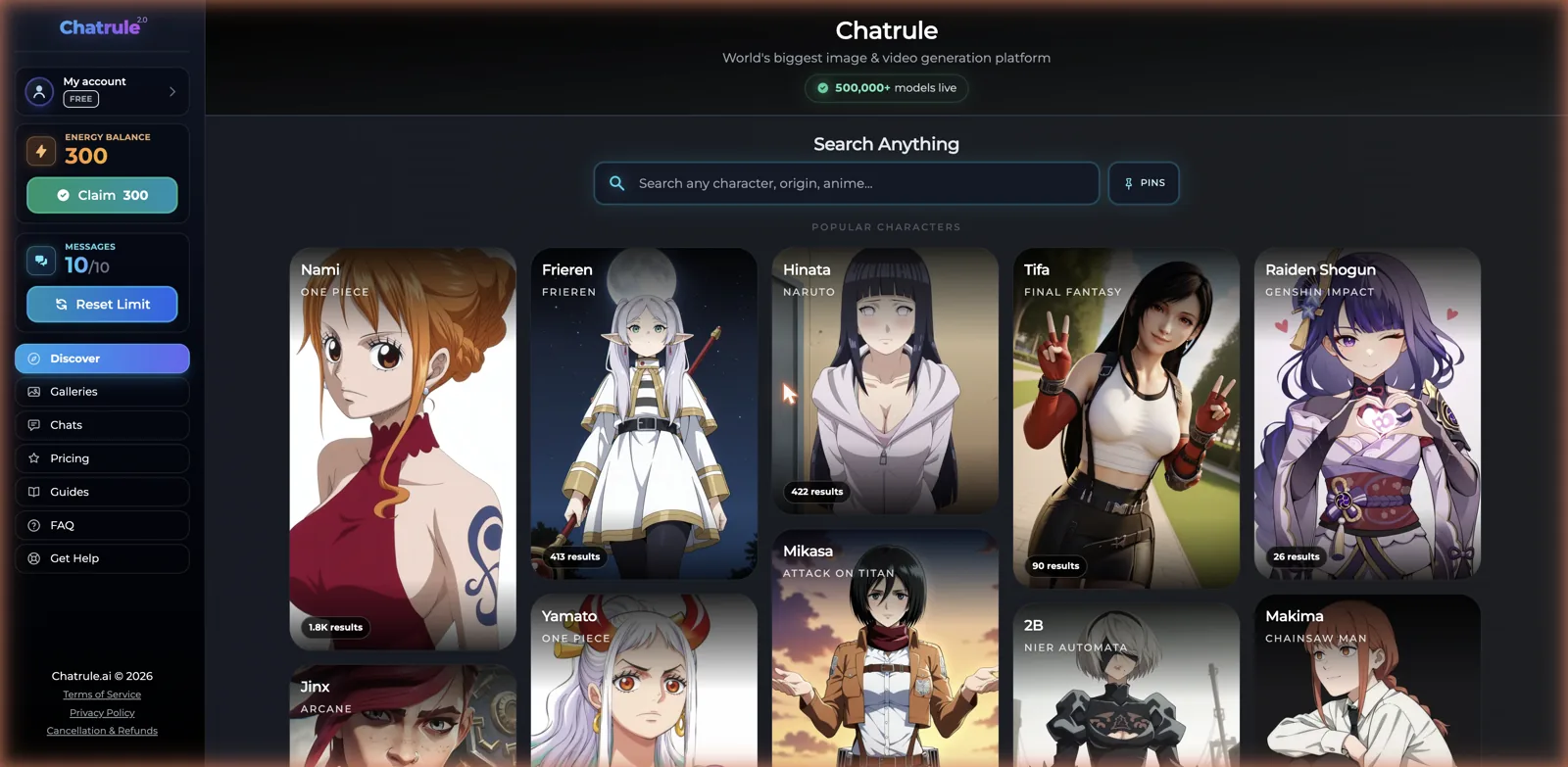 ChatRule home page with a search-any-character bar over a grid of popular anime and game characters and a 500,000 plus models live badge