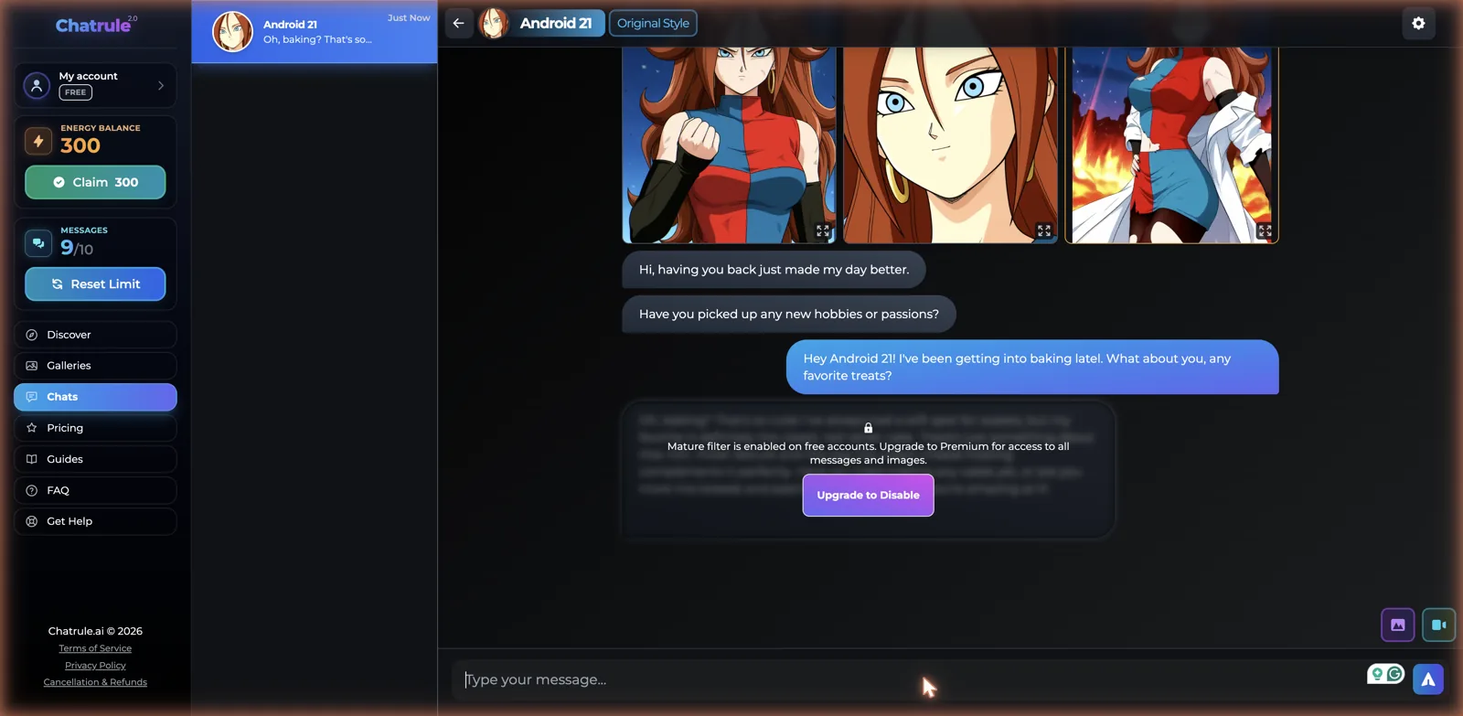 ChatRule chat showing a tame reply blurred behind a mature filter notice prompting an upgrade to Premium on free accounts