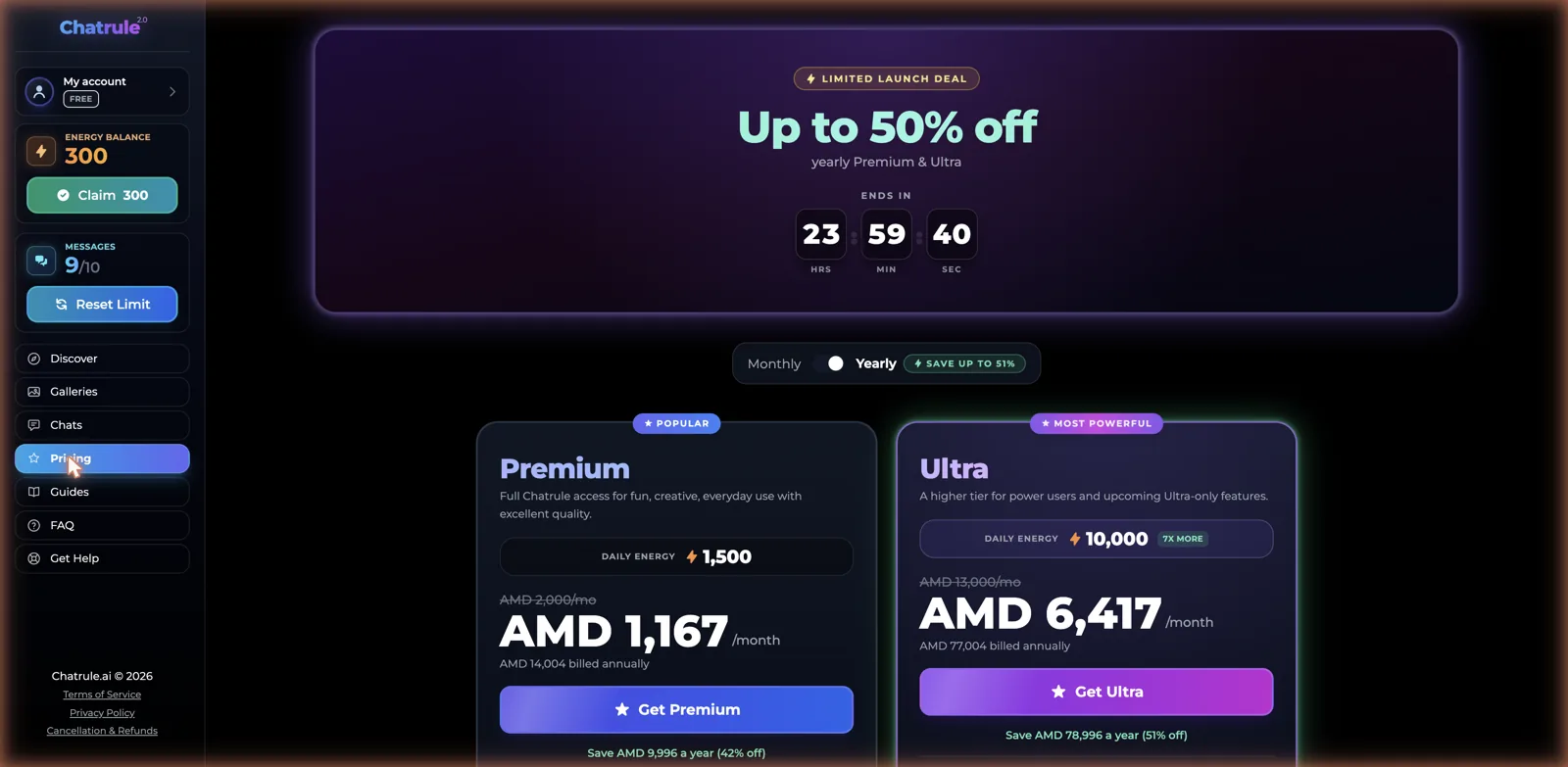 ChatRule pricing with Premium and Ultra tiers differing mainly by daily energy, 1500 versus 10000, plus a launch discount countdown
